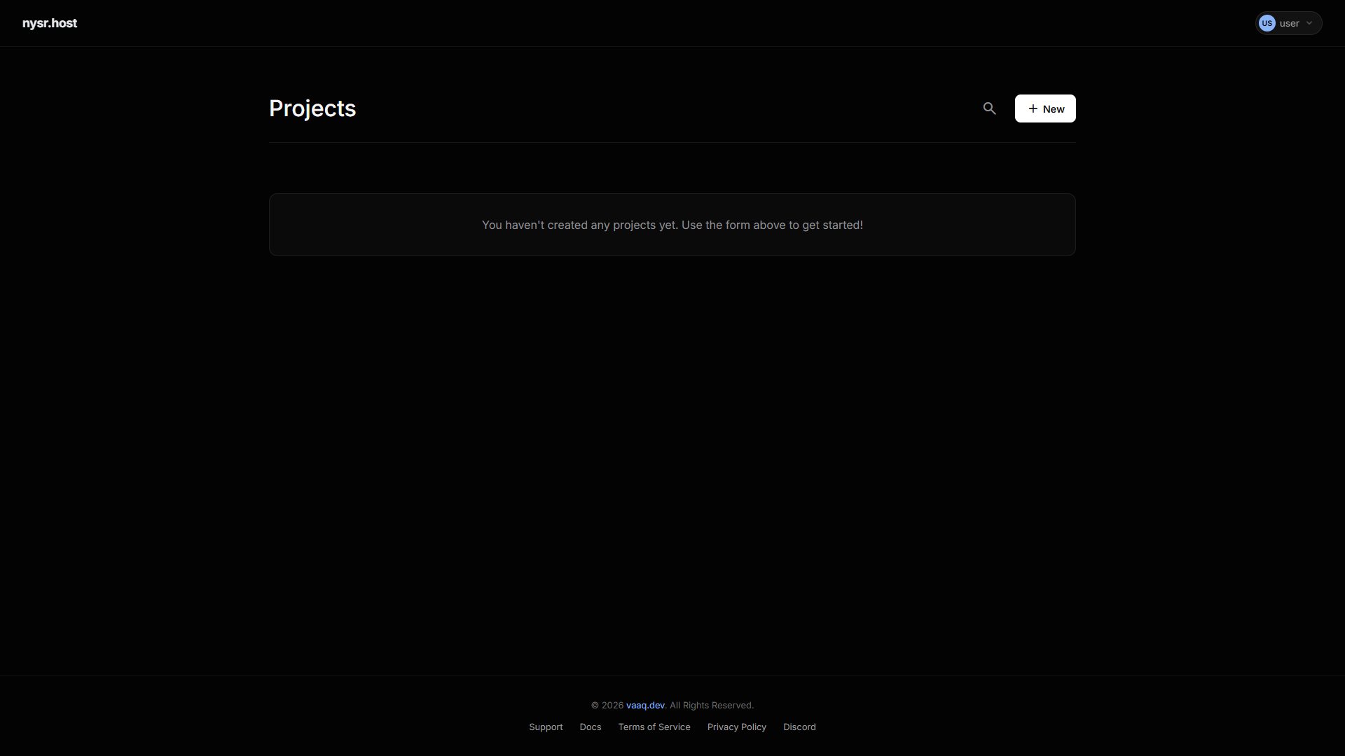 nysr.host dashboard showing the New Project button