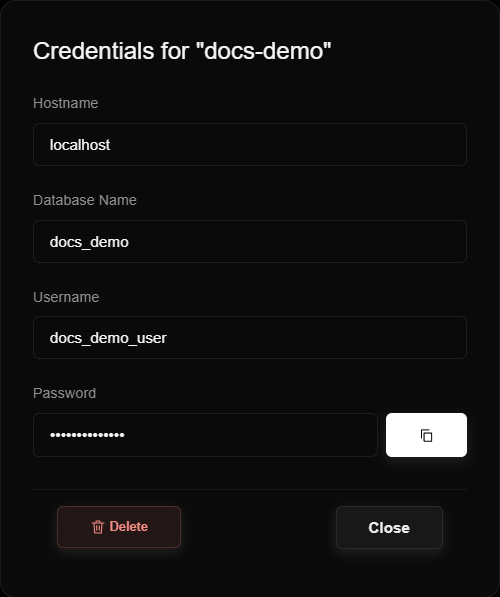 Example database details. The password is hidden.