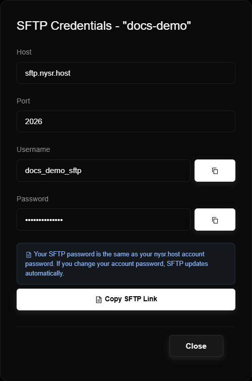 Example SFTP details. Use your own username; keep the password private.